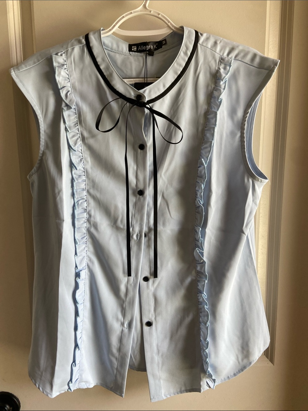 Allegra K Light Blue Sleeveless Ruffle Blouse with Black Tie